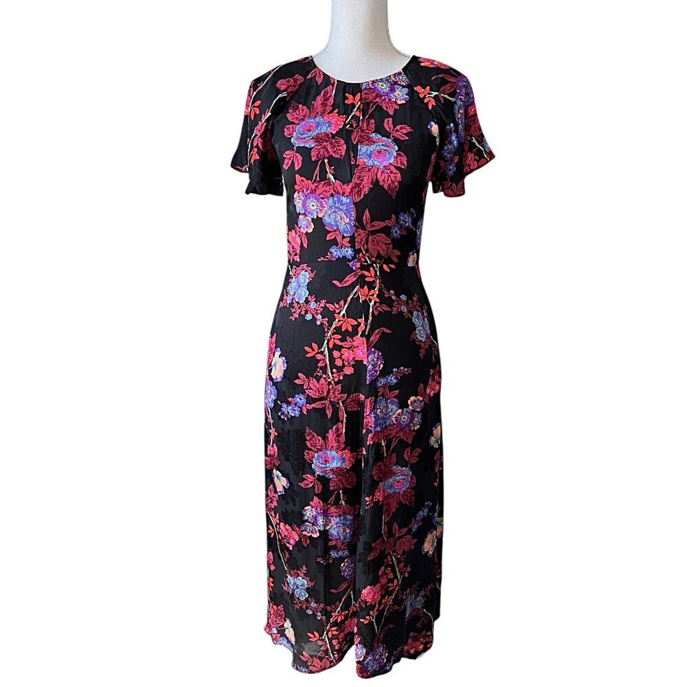 Reiss Leni black floral midi dress wedding feminine flutter sleeve formal - Picture 2 of 14
